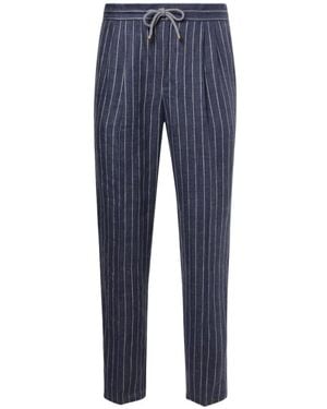 Brunello Cucinelli Striped Linen Straight Trousers - Blue