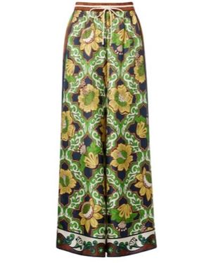 ALÉMAIS Liana Printed Silk Satin Palazzo Trousers - Green