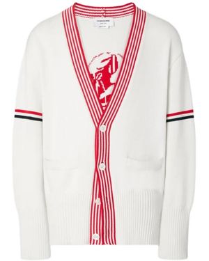 Thom Browne Lobster-Intarsia Rwb-Stripe Cardigan - White