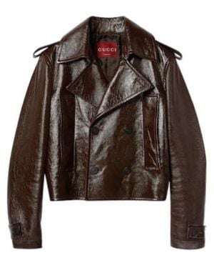 Gucci Double-Breasted Leather Jacket - Brown