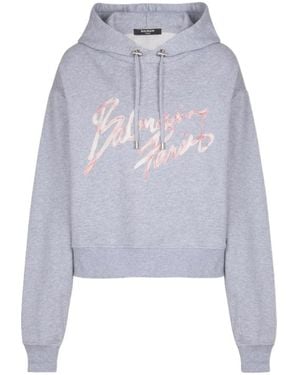 Balmain Logo-Embroidered Hoodie - Blue
