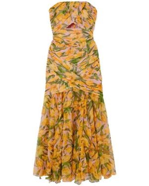 Carolina Herrera Strapless Draped Cutout Floral-Print Silk-Chiffon Gown - Yellow