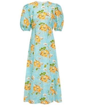 ALÉMAIS Floral Puff-Sleeve Linen Midi Dress - Blue