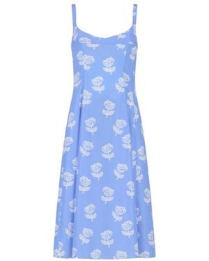 Marni Light Poplin Flared Dress With Sprayed Roses Print - Blue
