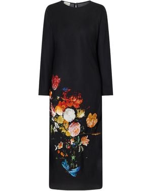 Dries Van Noten Floral-Print Crepe-Satin Midi Dress - Black