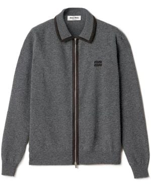 Miu Miu Wool And Cashmere Cardigan With Suede Details - Grey