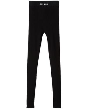 Miu Miu High Waist Logo Band Ribbed Leggings - Black
