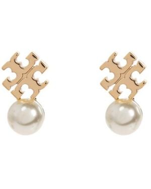 Tory Burch Moondance Logo And Pearl Stud Earrings - Metallic