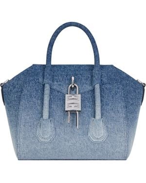 Givenchy Mini Antigona Lock Denim Tote Bag - Blue