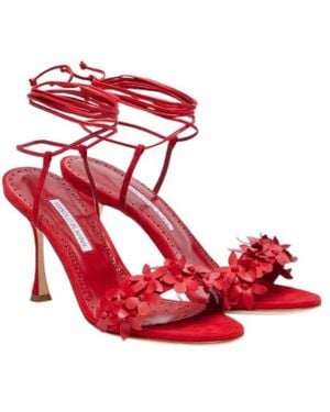 Manolo Blahnik Elegant Floral Decor High Heel Sandals - Red