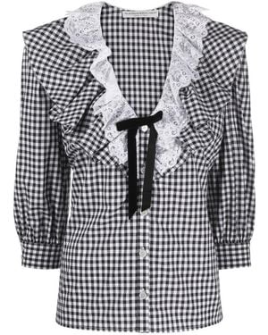 Alessandra Rich Check-Print Ruffle-Collar Shirt - Gray