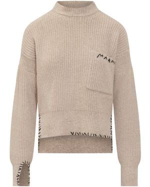 Marni Logo Embroidered Knitted Jumper - Natural