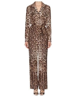 Dolce & Gabbana Leopard-Printed Long-Sleeved Pajama Jumpsuit - Brown