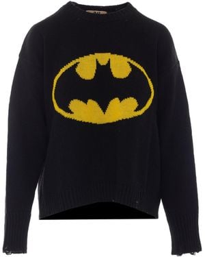 Aniye By Batman Motif Crewneck Dropshoulder Knit Sweater - Blue