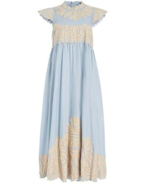Sea Alexandra Embroidery Cap-Sleeve Midi Dress - Blue