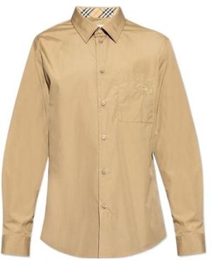 Burberry Logo Embroidered Long Sleeved Shirt - Natural