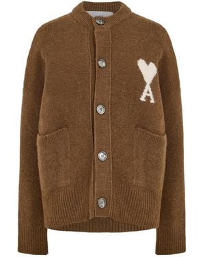 Ami Paris Round-Neck Knit Cardigan - Brown