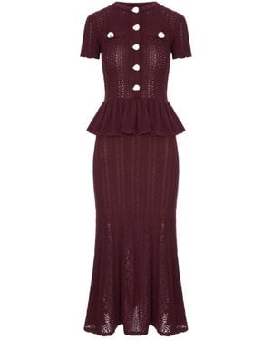 Self-Portrait Burgundy Pointelle Peplum Knit Midi Dress - Purple