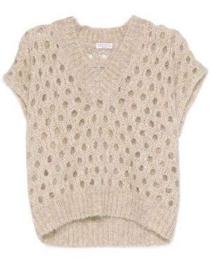 Brunello Cucinelli Open Knitted V-Neck Pullover - Natural