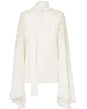 Elie Saab Lace-Trimmed Tie-Neck Georgette Blouse - White