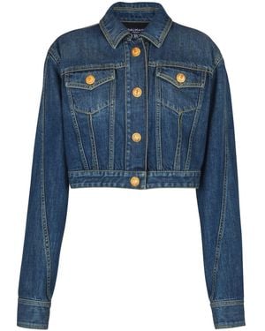 Balmain Cropped Faded Denim Jacket - Blue