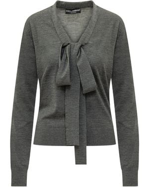 Dolce & Gabbana V-Neck Bow Detailed Knitted Top - Gray