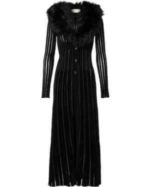 Blumarine Shearling-Trimmed Striped Maxi Dress - Black