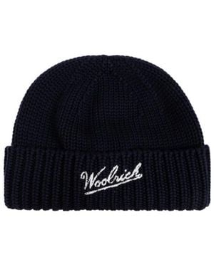 Woolrich Logo Intarsia Knit Beanie - Blue