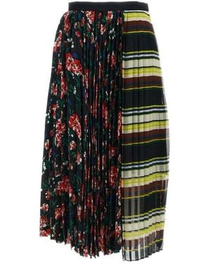 Sacai Floral-Print Pleated-Design Midi Skirt - Black