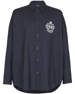 Balmain Striped Wool University Emblem Shirt - Blue