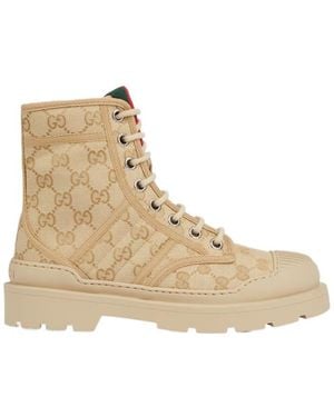 Gucci Web Logo-Pattern Lace-Up Boots - Natural