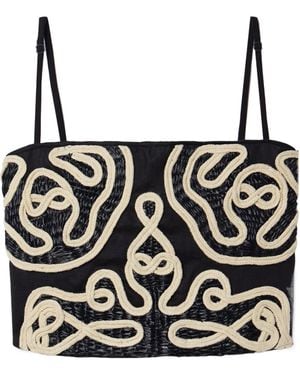 Johanna Ortiz Cropped Appliquéd Straw-Trimmed Linen Top - Black
