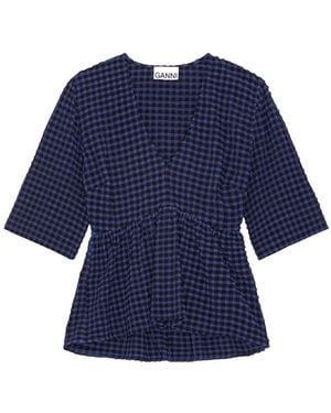 Ganni Checkered Seersucker V-Neck Peplum Blouse - Blue