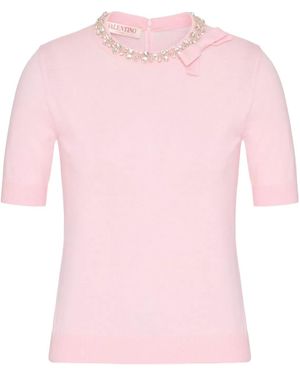 Valentino Embellished Fine-Knit Crewneck T-Shirt - Pink