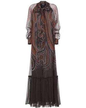 Etro Paisley Print Maxi Silk Dress With Tie-Neck - Brown