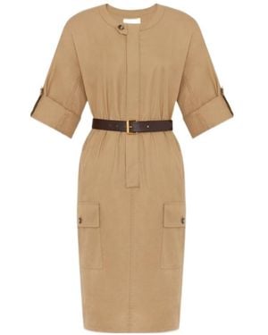 Saint Laurent Belted Short-Sleeved Midi Dress - Natural