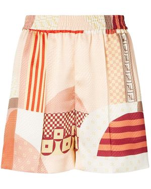 Fendi Patchwork Printed Elasticated Waistband Shorts - Red