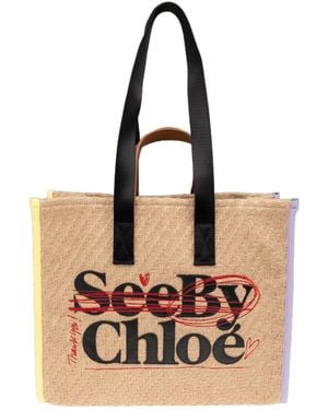 See By Chloé See By Chloé Logo Patch Straw Tote Bag - Natural