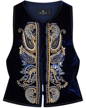 Etro Embroidered Embellished Velvet Vest - Blue