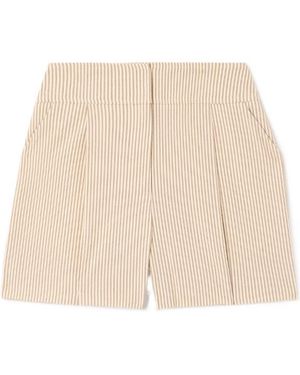 Veronica Beard Haina Pleated Striped Blended Seersucker Shorts - Natural