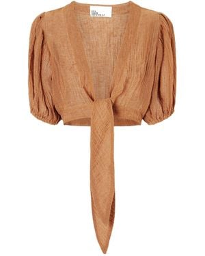 Lisa Marie Fernandez Pouf Cropped Linen-Blend Gauze Wrap Top - Brown