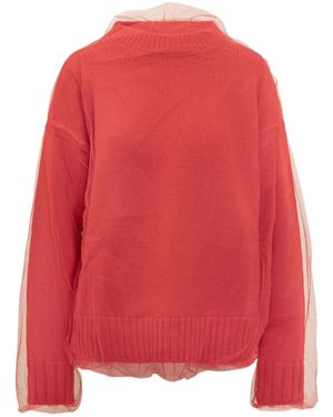 MSGM Crew Neck Tulle-Overlay Sweater - Red