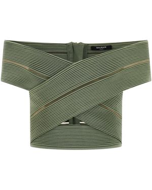 Balmain Off-The-Shoulder Crop Top - Green