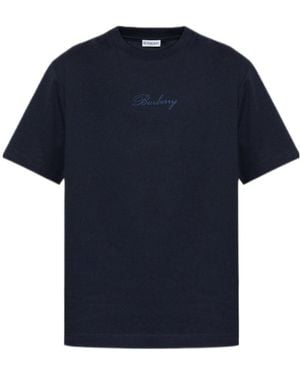 Burberry Logo Embroidered Crewneck T-Shirt - Blue