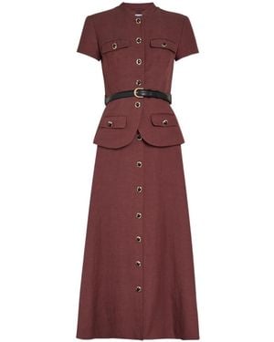 Self-Portrait Peplum Belted Woven Midi Dress - Red