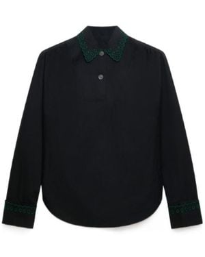 Marni Poplin Half-Button Shirt With Broderie Anglaise - Blue
