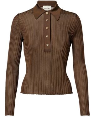 KHAITE Vin Ribbed-Knit Sheer Polo Shirt - Brown