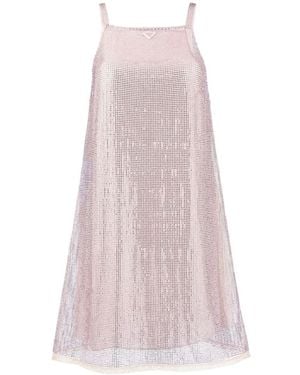 Prada Triangle Logo Embellished Mesh Dress - Pink