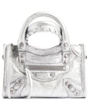 Balenciaga Le City Nano Metallic-Finish Fine-Grained Handbag - White