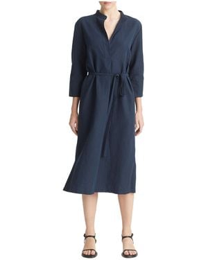 Vince Band-Collar V-Neck Midi Dress - Blue
